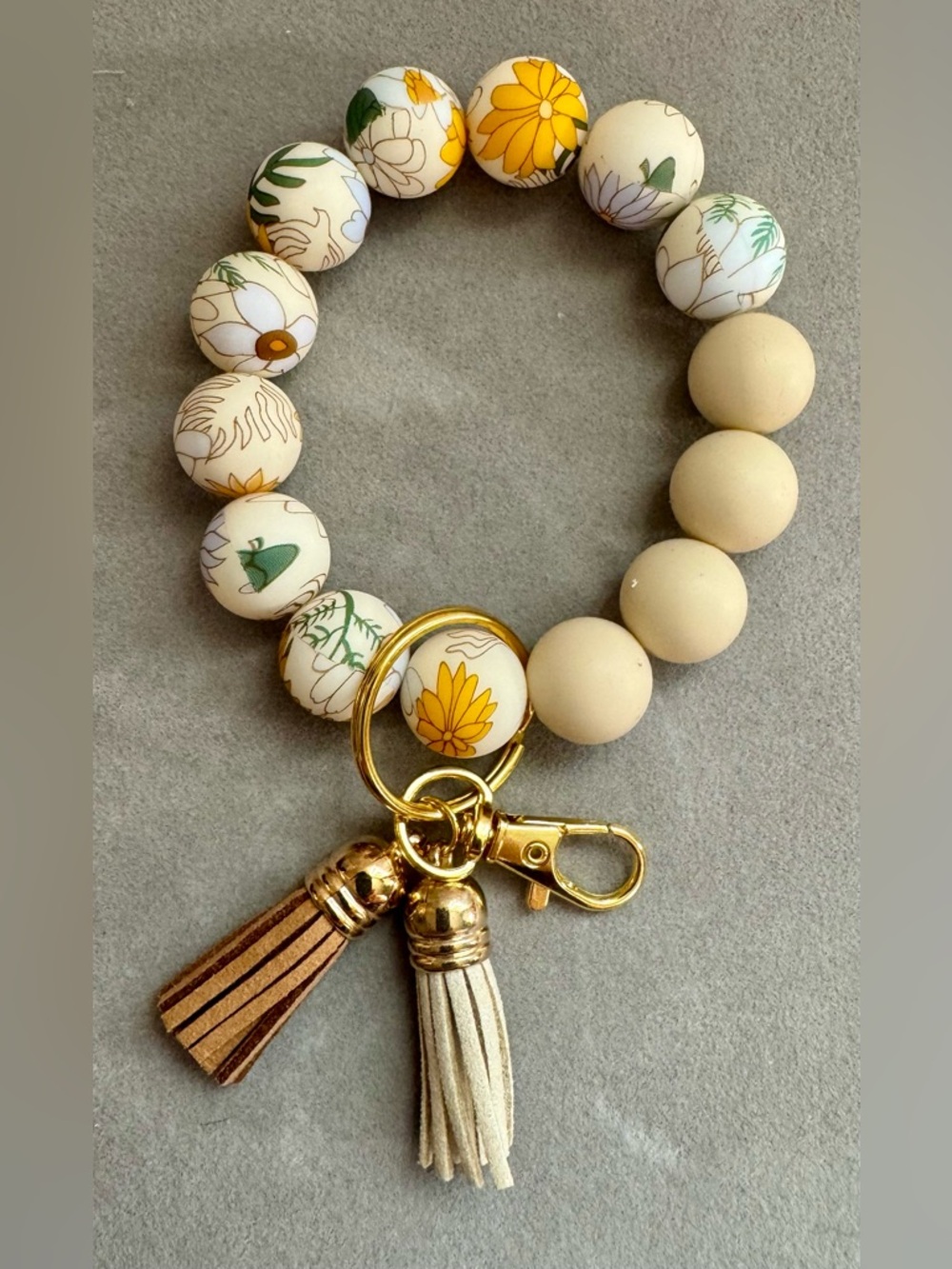 Beaded Wristlet Gold Keychain  with tassel charms - Ivory  Floral beads